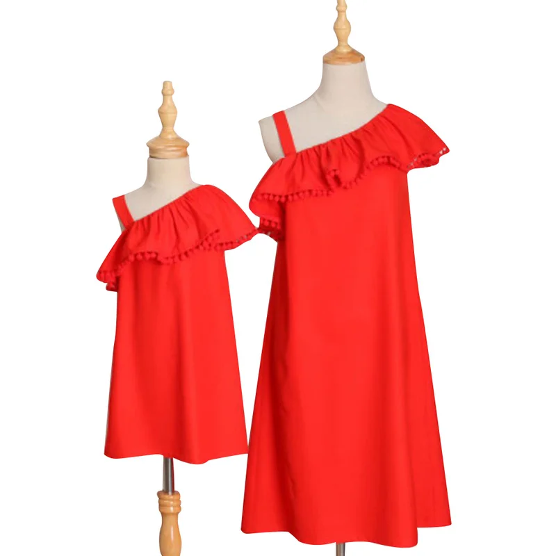 

Mother and Daughter Dress Matching Family Outfits New Solid Off Shoulder Ruffles Dress Red Women Baby Girl's Clothes Mini Dress