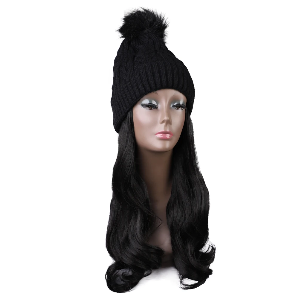 MODERN QUEEN 22"inches Long Curly Synthetic Hair Wig Winter Hats Beanie Attached Knit Skiing Cap for Girl Hang out Cotton Made