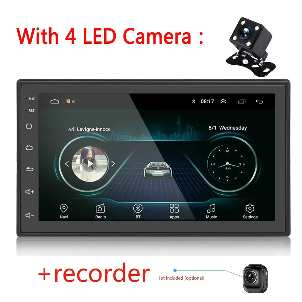 4led cam-recorder 2Din 7 дюймов Android 8,1 сенсорный экран Авторадио gps Navi WiFi стерео MP5 плеер FM радио автомобильное радио+ камера - Цвет: 4led cam-recorder
