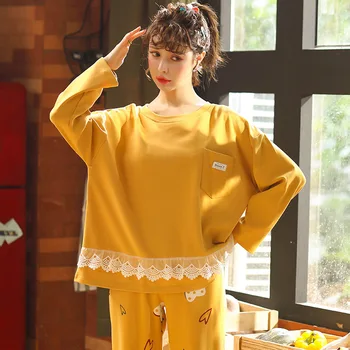 

Wontive Woman Pajamas Set Pure Cotton Yellow Apparel 2 Peices Pyjamas Women Leisure Long Sleeves Homewear