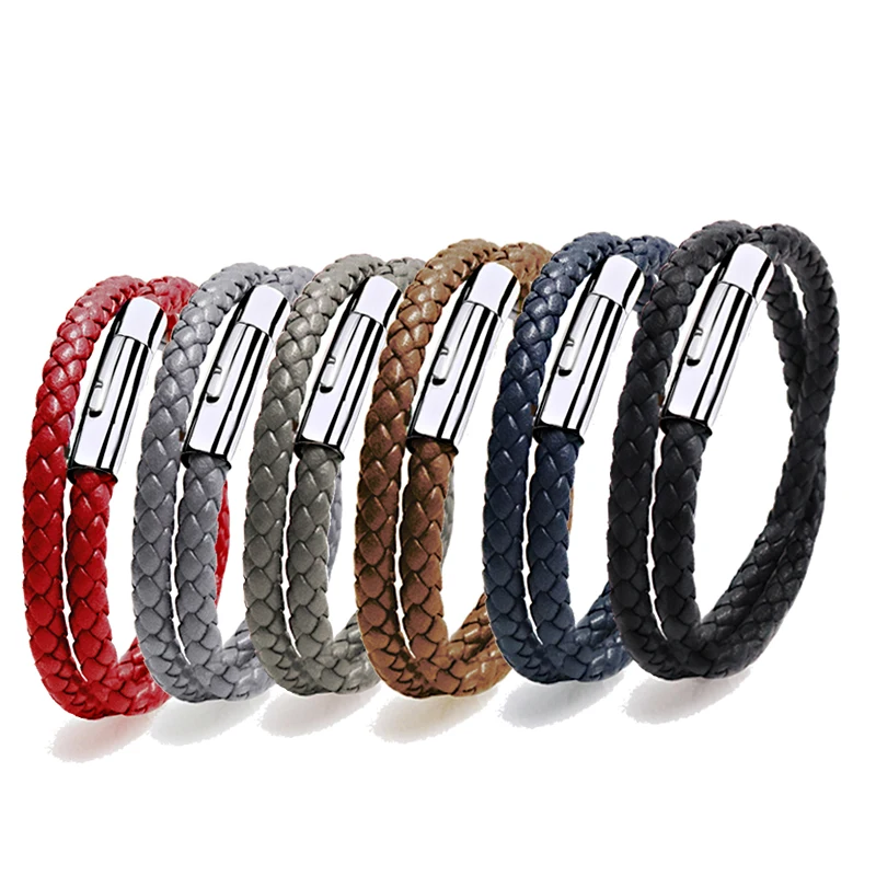 

Fashion Leather Bracelet For Men Women Stainless Steel Magnetic Buckle Metal Black Brown Double Leather Bracelet Jewelry VB786