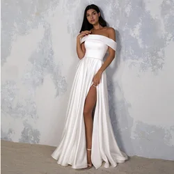 Off-The-Shoulder Boat Neck Wedding Dresses for Ladies Pleat Side Slit White Satin Bridal Gowns Sleeveless 2022 Summer Vestidos
