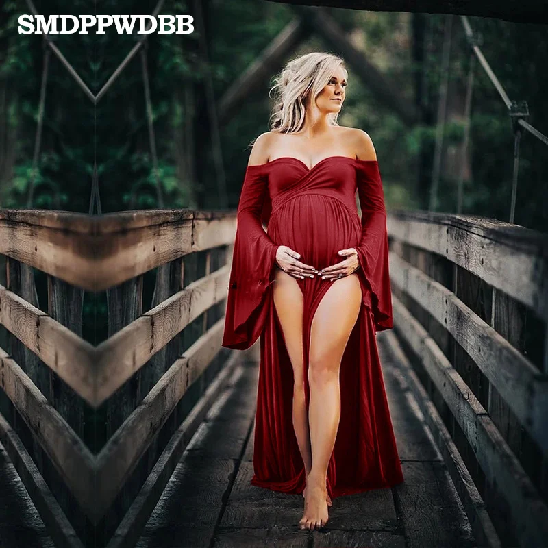 Для беременных реквизит для фотосессии Материнство платье для фотосессии сексуальное Бохо без плеч рукав колокол Макси длинное платье Беременность Русалка - Цвет: Red