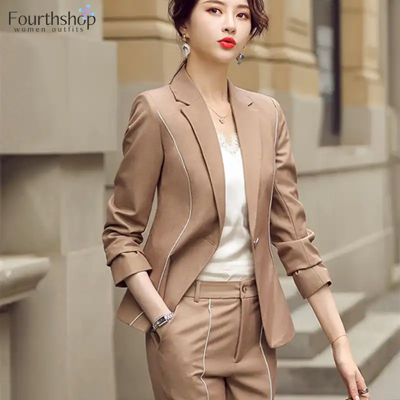 プロフェッショナルビジネス仕事スーツ女性オフィス制服秋冬2ピースパンツブレザーセットプラスサイズレディースパンツスーツ女性新 パンツスーツ Aliexpress