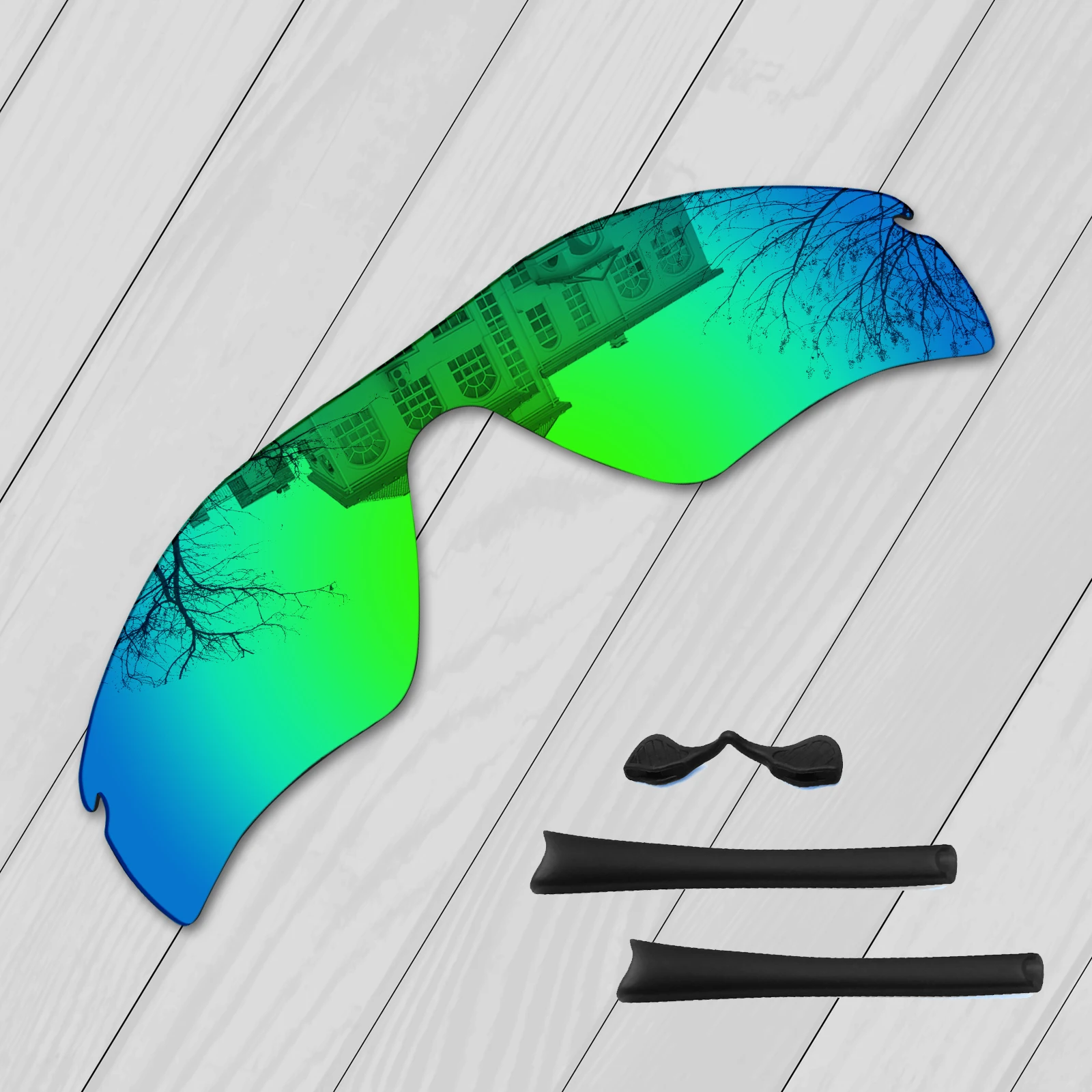

E.O.S Black Ear Socks Nose Pads Rubber Kit + Emerald Green Polarized Replacement Lenses for Oakley Radar Path Sunglasses