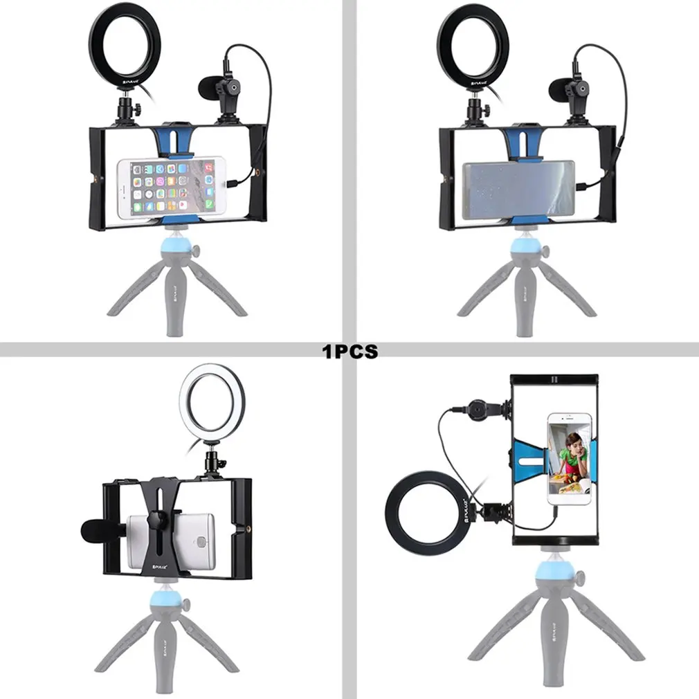3 в 1 Vlogging Live Broadcast смартфон видео Rig+ микрофон+ кольцо светодиодная вспышка для селфи комплекты с холодной башмаком штатива
