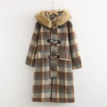 

women winter plaid woolen tweed coat 2019 fashion girls ladies big fur collar hoodie female warm thick casual long coats outwear