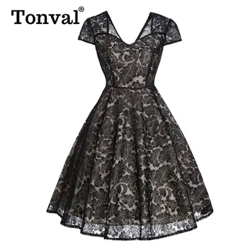 

Tonval Patterned Lace Elegant Party Sweetheart Neck A Line Vintage Dress Women Cap Sleeve Summer Casual Swing Dresses