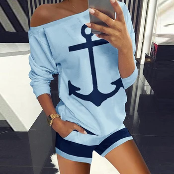 

Summer Two Piece Sets Boat Anchor Print T shirt and Shorts 2 Piece Set For Women Elegant Spring Casual Clothes Tracksuit Suits