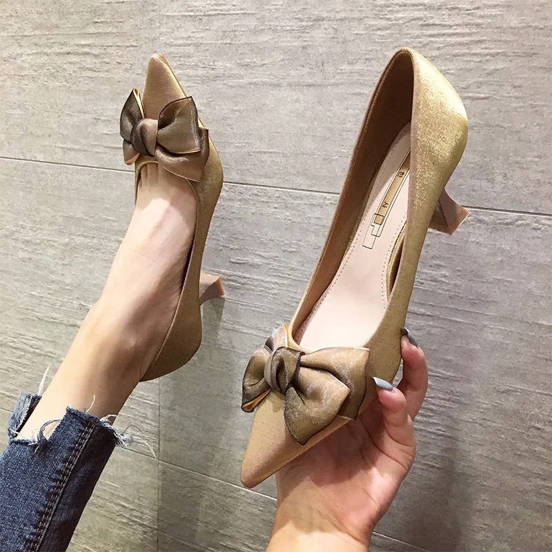 

Pumps Women High Heels Female Shoes Solid Color Pointed-Toe Thin Heels Autumn New Style Butterfly-knot Fashion Women Shoes