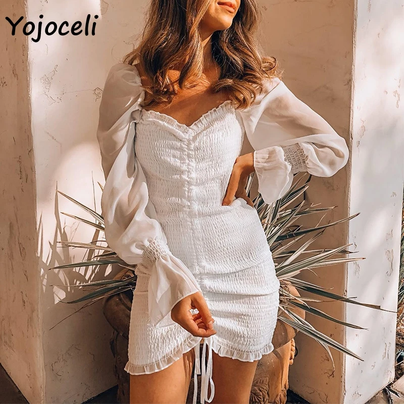 Белый Yojoceli, квадратный вырез, цветочный принт, платье для женщин,, длинный рукав, облегающее мини-платье в стиле бохо, Пляжное Платье - Цвет: Белый
