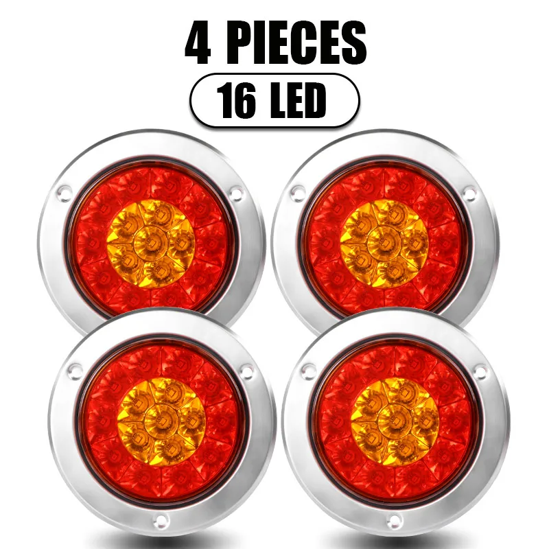 Round LED Truck Trailer Amber Yellow Taillights with Stainless Steel Rings 16 LED DC 12V Waterproof Turn Signal Lights Tail Lamps for RV Trailer 2 Pcs Amber 