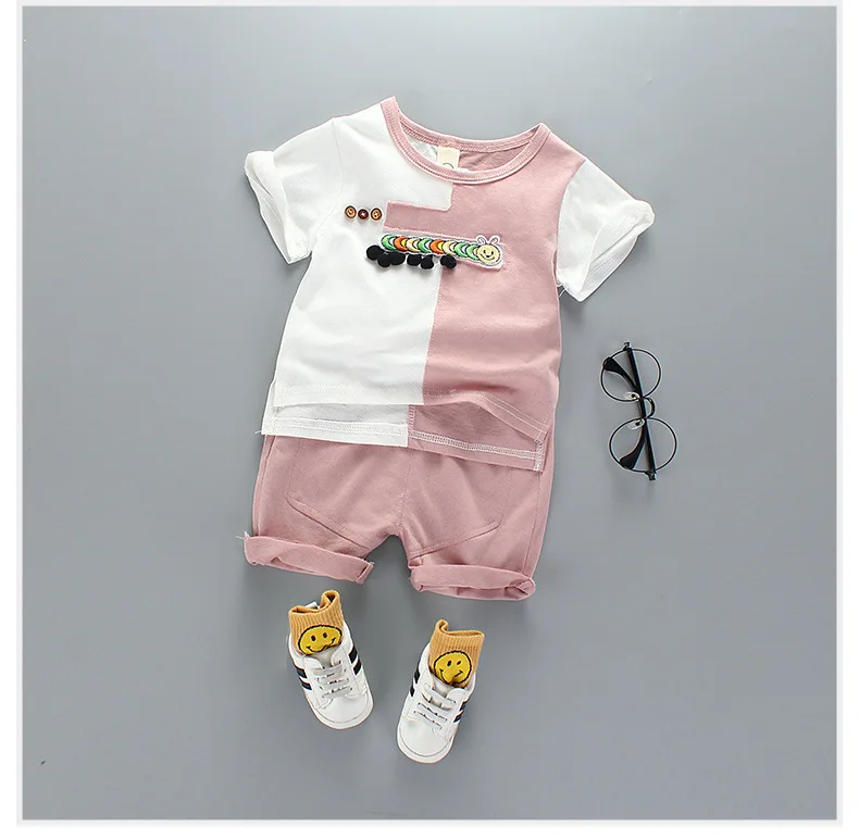 Summer New Baby Boys Cartoon animal Short Sleeve O Neck T-shirt+ Casual Loose Shorts Sportswear Clothing Sets Kids 2Pcs Suits - Цвет: Розовый