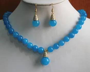 

noble 8mm blue jade necklace and hook earring&pendant necklace jewelry sets