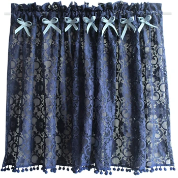 

135x60cm dark blue lace curtain short curtain pastoral literary half curtain rod semi-shading cabinet curtain dustproof cloth