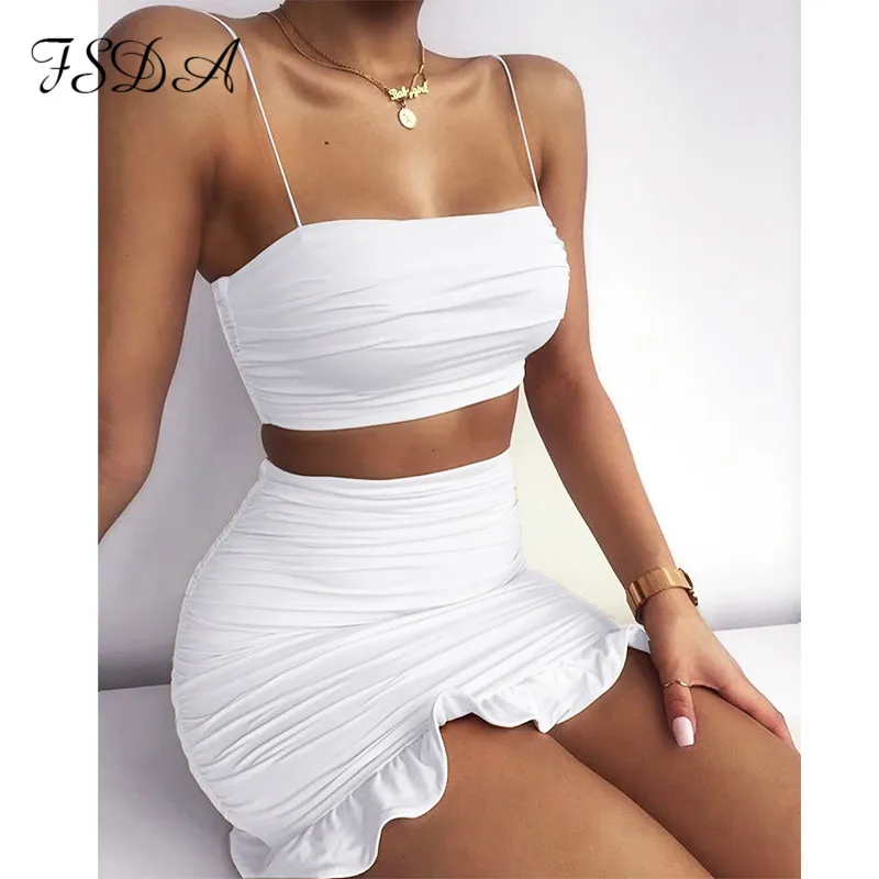 FSDA-conjunto de verano por y falda, Top corto con tirantes finos, falda blanca, para ir fiesta - AliExpress Ropa de mujer