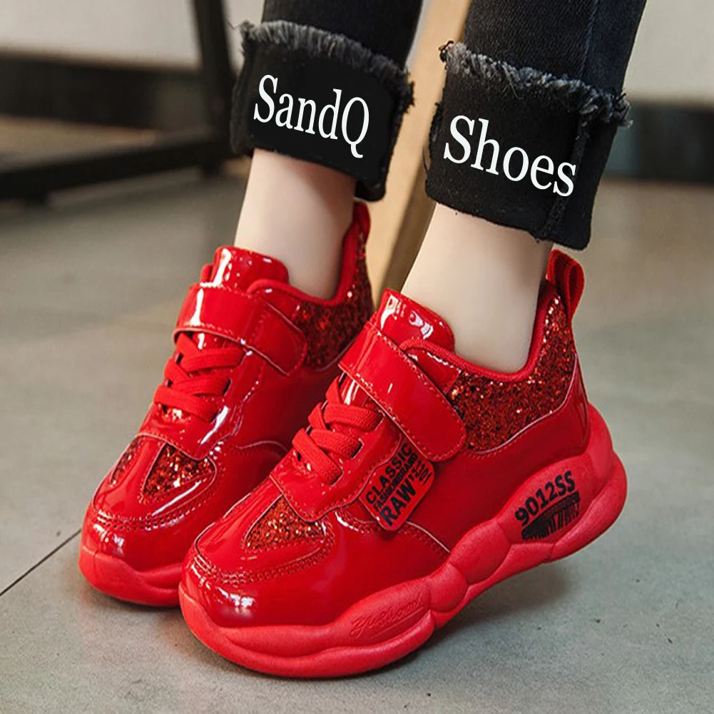 SandQ Children Sneakers Girls Red Tennis Shoes Boys Black Sport Footwear Glitter Kids Chaussure Zapatos Bebe Casual Paillet New