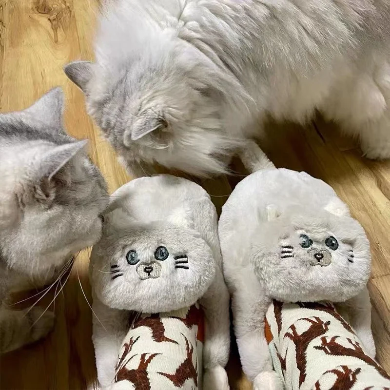 

Cat owner lovely designer 3D cat fluffy slides unisex size 35-42 women spring 2022 new arrival home furry fur slippers shoes