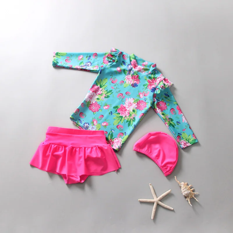 Girls Swimsuit Children's little girl middle and big child split skirt long sleeve sunscreen lovely princess