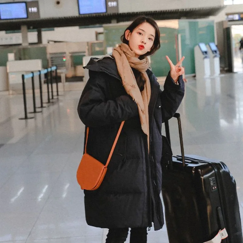 

2019 Chic College Style shuang ceng mao Tibetan Black And White with Pattern down Coat Mid-length Korean-style Slimming Thick Co