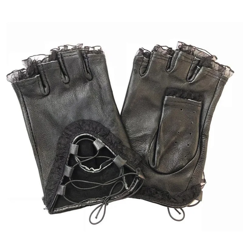

Women Lace Leather Gloves Fingerless Female Dance Fashion Lady Spring Summer Winter Mittens Black Genuine Half Finger Gloves