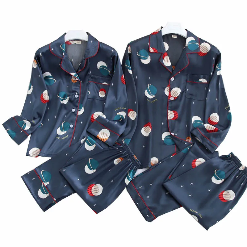 

Couple Pajamas Set Comfort Silk Satin Men And Women Sleepwear Set 2Pcs Polyester Simple Style Lovers Turn-down Collar Homewear