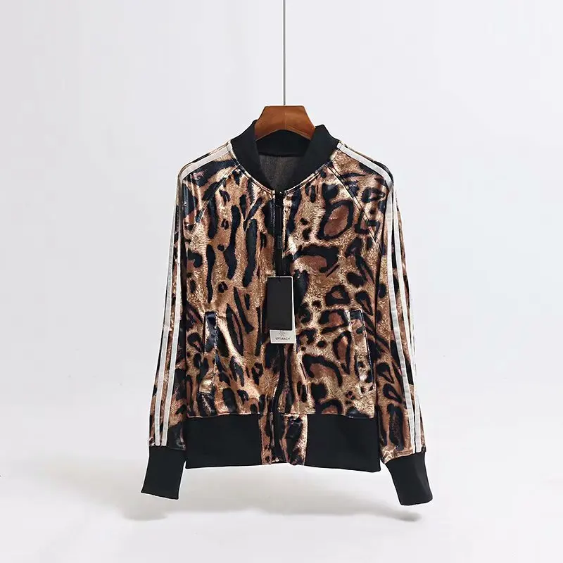 

W Western Style Reds Street Versatile Velvet Leopord Pattern Stand Collar Long Sleeve Loose-Fit Jacket