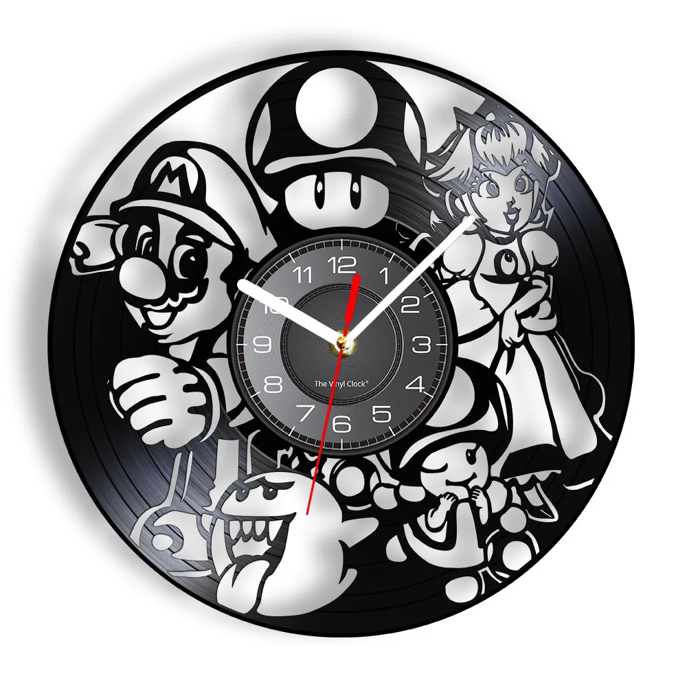 Video Game Inspired Vinyl Record Clock Princess & Mr. Mario WIth Magic Mushrooms Longplay Record Wall Watch Silent Hanging Decor wall clock for living room