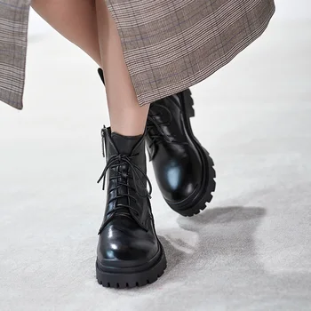 

MORDOAN Genuine Cow Leather boots mid-heel women's shoes retro British style lace-up thick-heel Martin boots women's short boots