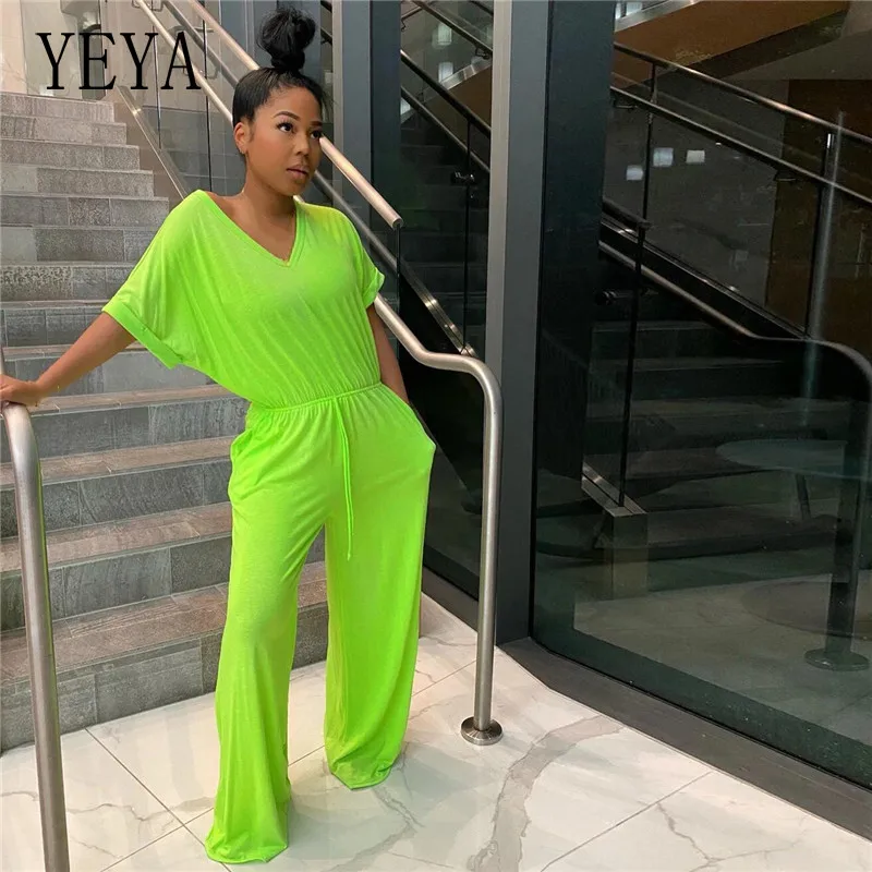 

YEYA Women Summer Casual Loose Jumpsuits with Pockets Solid Short Sleeve V Neck High Waist Party Club Rompers Wide Leg Overalls