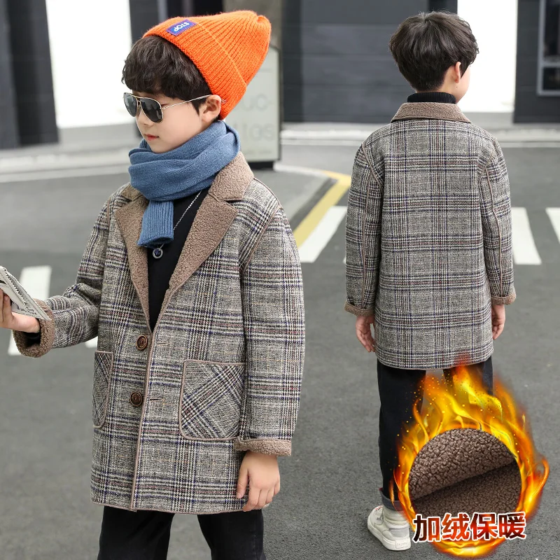 Boys Woolen Coat New Fall Winter Clothes Children Fleece-lined Woolen Jacket Teenager Kids Casual Plaid Velvet Outerwear