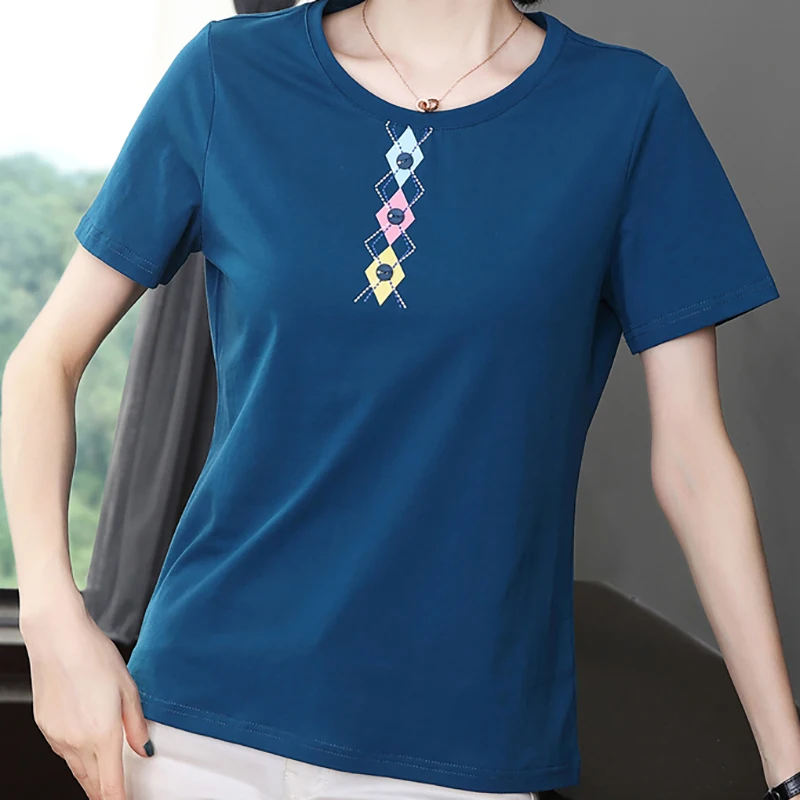 

Shintimes Button New Women T Shirt Print 2022 Short Sleeve T-Shirt Female Summer Tops Loose Cotton Woman Clothes Tee Shirt Femme