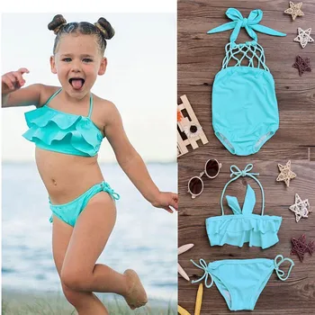 

2-7Y Kids Baby Girls Solid Bikini Set Swimwear Swimsuit Bathing Suit Beachwear Costume