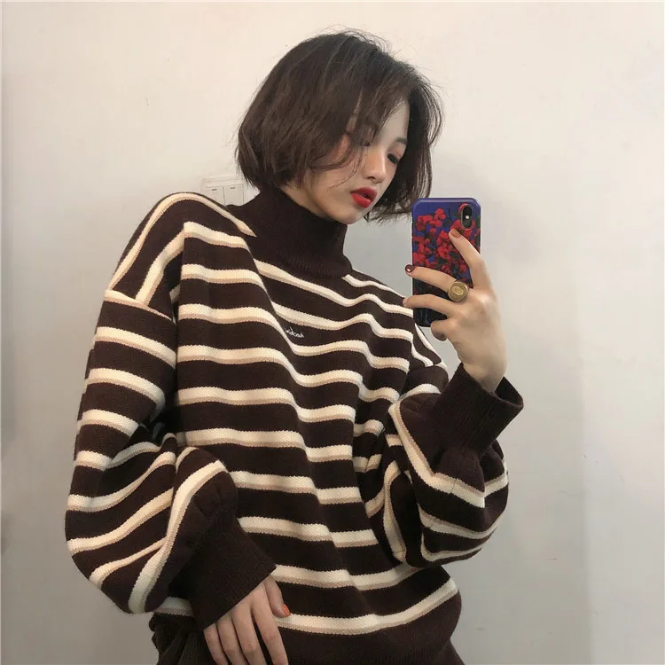Корейский ins Harajuku зимний модный винтажный полосатый вязаный свитер с высоким воротником, Женский Винтажный толстый свободный свитер в стиле панк