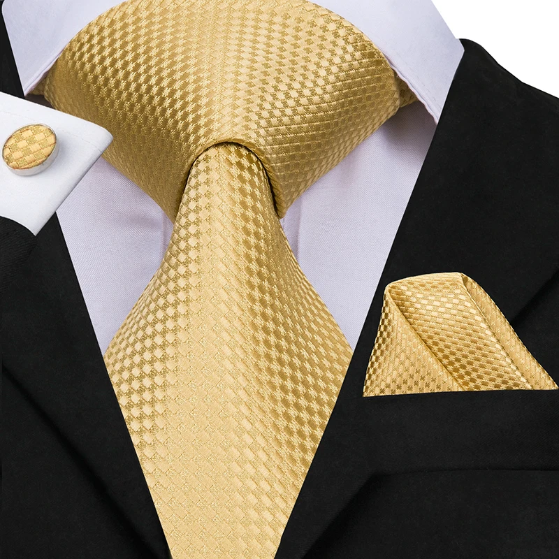 Solid Color Tie Hi-Tie Solid Gold Silk Ties For Men Handky Cufflinks Set Fashion Gift Wedding Business Necktie