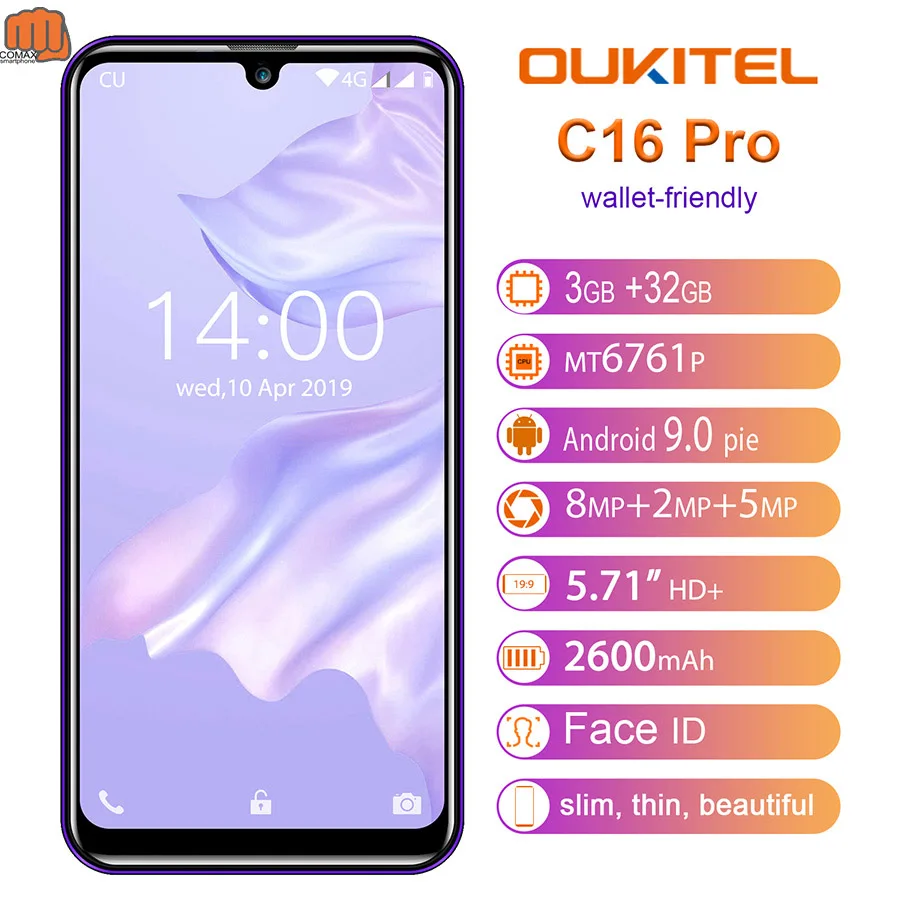 

OUKITEL C16 Pro 5.71'' Mobile Phone Android 9.0 MT6761P 3GB 32GB Smartphone Fingerprint Face ID Waterdrop Screen 5V/1A Phone