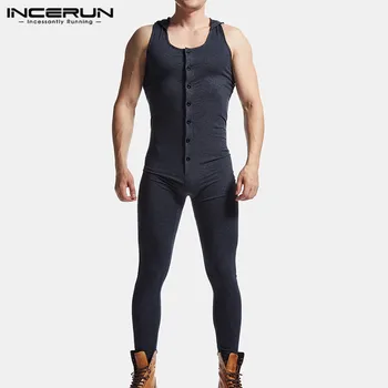 

INCERUN Men Jumpsuit Homewear Sleeveless Solid Color Hooded Casual Bodybuilding Fitness Rompers Fashion Button Pajamas Overalls