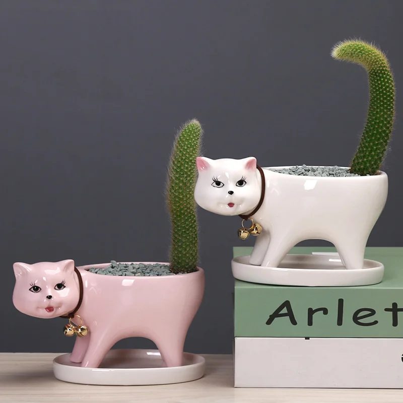Cute Funny Ceramic Cat Flowerpot Planter Tabletop Home Decor 