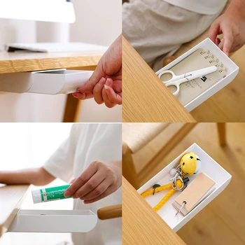 

Hidden Table Stationery Sticky Under Paste Plastic Desk Organizer Memo Pen Stationery Storage Box Case Desk Drawer Divider Decor