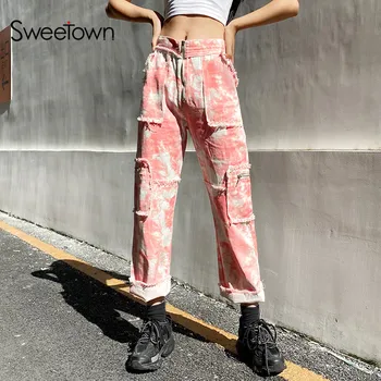 

Sweetown 2020 Autumn Tie Dye Distressed Jeans Women Safari Style Fashion Streetwear Outfits Big Pockets Straight Cargo Pants