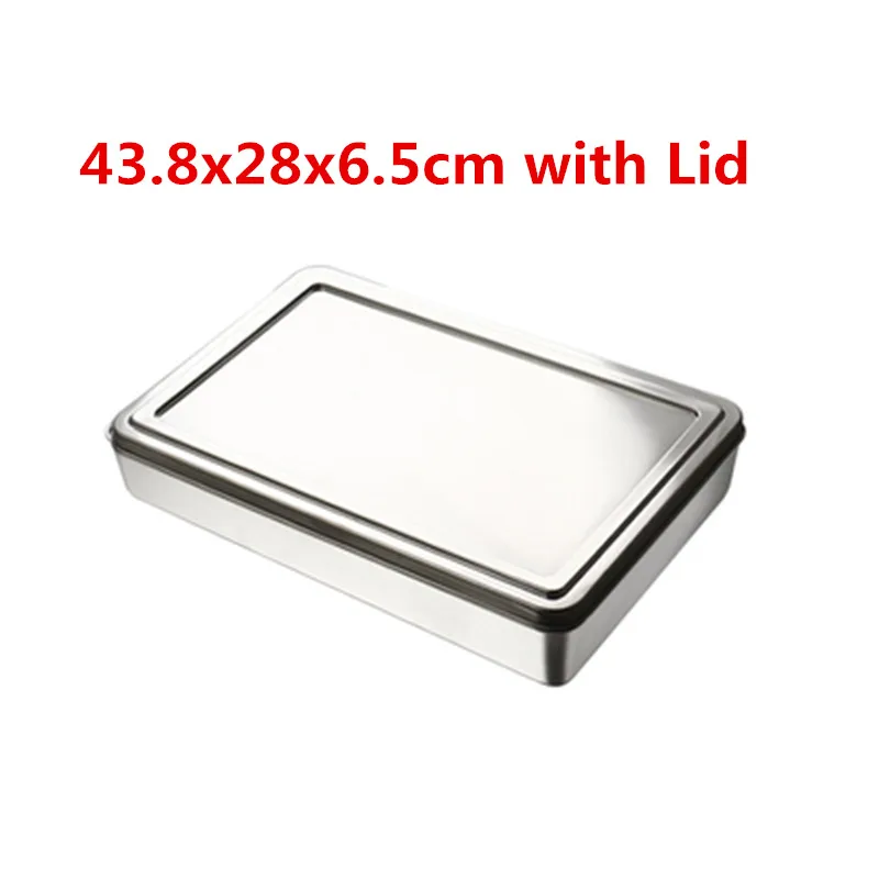 43.8x28x6.5 with Lid 0,8 мм прямоугольная Квадратная тарелка из нержавеющей стали, глубокий поднос, сковорода для рыбы на гриле, контейнер для барбекю, набор тарелок для хранения, Сервировочная тарелка - Цвет: 43.8x28x6.5 with Lid
