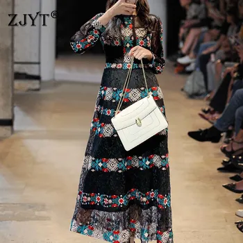 

2020 New Spring Long Runway Dress Women High Quality Elegant Full Sleeve Vintage Ethnic Folk Embroidery Lace Maxi Dress Party