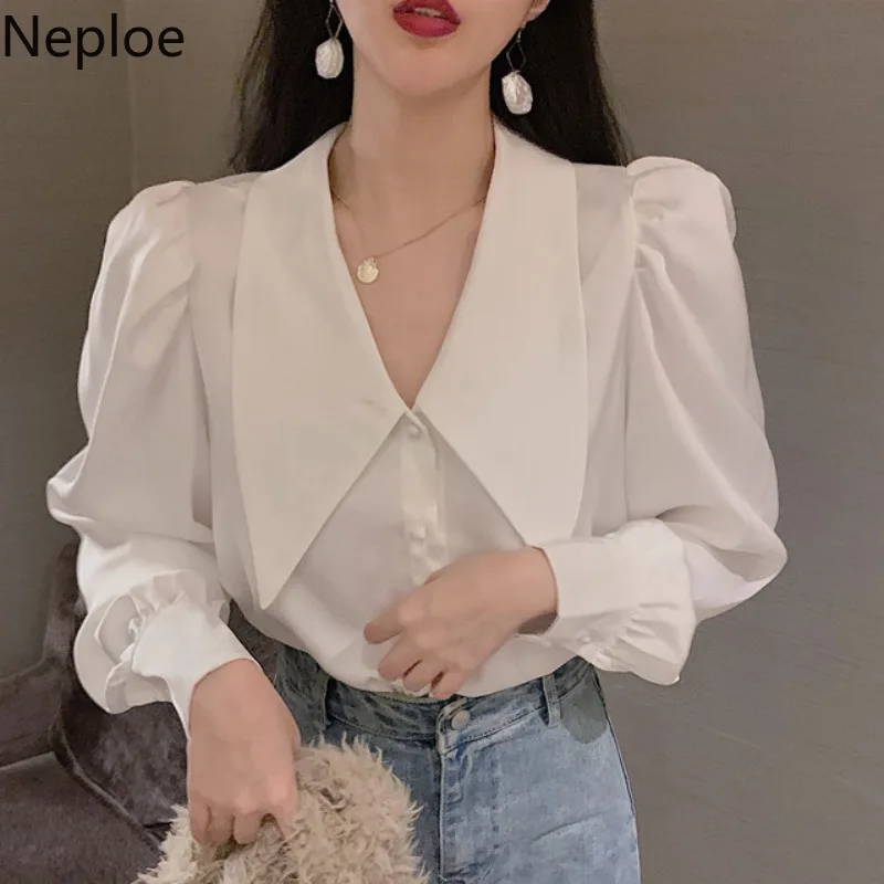Neploe Women Blouses Shirt 2022 Korean Office Lady White Tops Long Sleeve Blusas Mujer De Moda 2022 Oversized Female Blouse