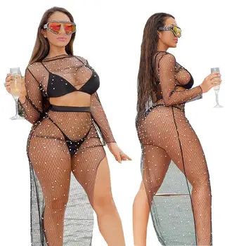 

Two piece set women sexy bodycon beach mesh beading fishing net see though long sleeve top+side split maxi skirt suit dress
