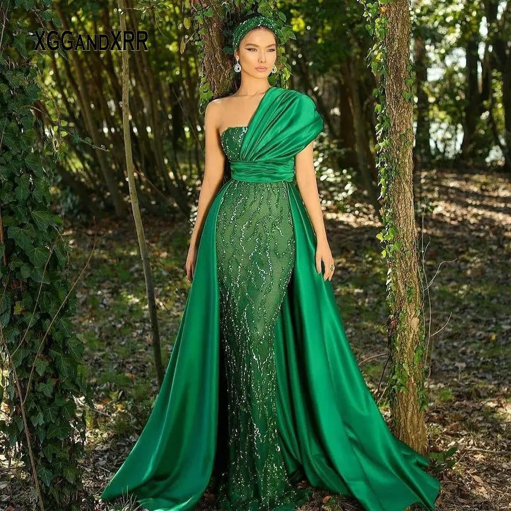 New Arrival Green One Shoulder Prom Dress 2021 Long Evening Party Gown