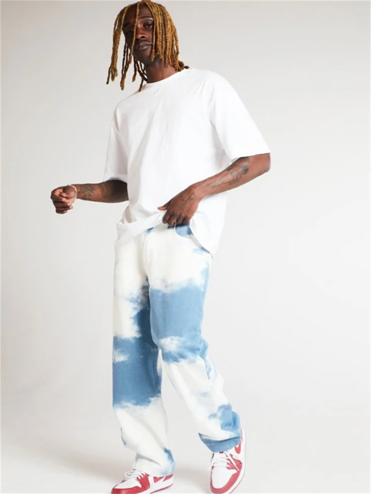 EH · MD®Jeans dritti uomo sciolto cielo blu nuvole bianche decorazione  pantaloni larghi alla moda tasche grandi sbiancate elastiche di grandi  dimensioni - AliExpress Men's Clothing