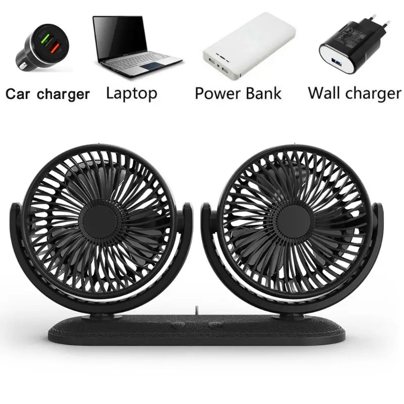 

USB 5V 2A Fan 360° Rotatable Dual Head Car Fan Adjustable 3 Speeds Dashboard Desk Auto Fan for Vehicle Truck Van SUV RV Boat Ho