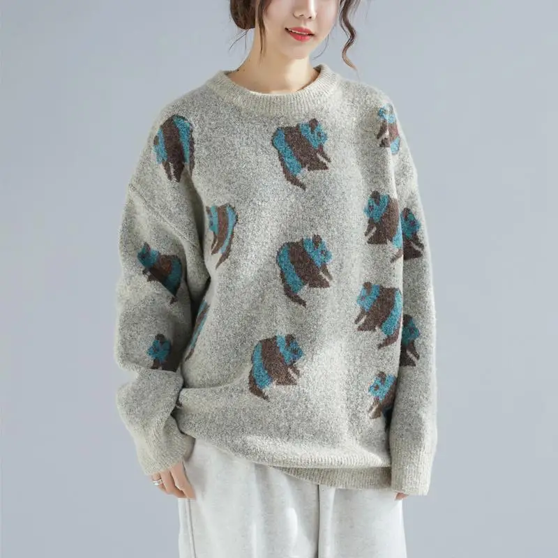 Свитер размера плюс, Женский пуловер с мультяшным животным принтом, ВЯЗАННЫЙ ПУЛОВЕР, Осень-зима, корейский Повседневный свитер, Pull Femme