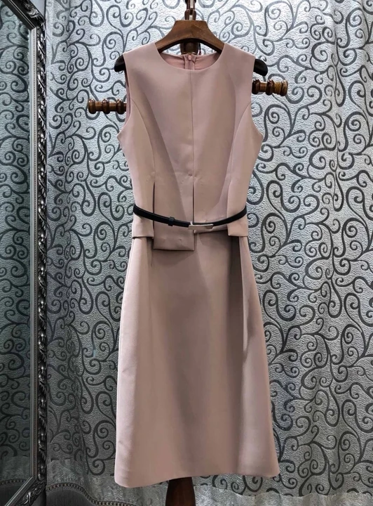 early autumn new female round neck back zipper buckle belt waist solid color sleeveless dress 905
