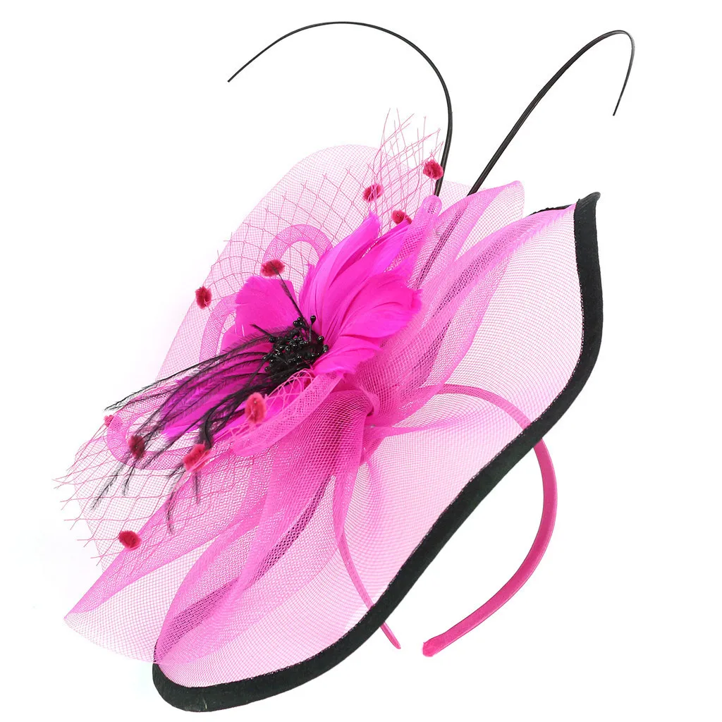 Hot Pink Женские кружевные вуалетки с большим цветком, заколки для волос, женские шпильки с перьями, Свадебные вечерние аксессуары для чая, винтажная Женская повязка на голову - Цвет: Hot Pink